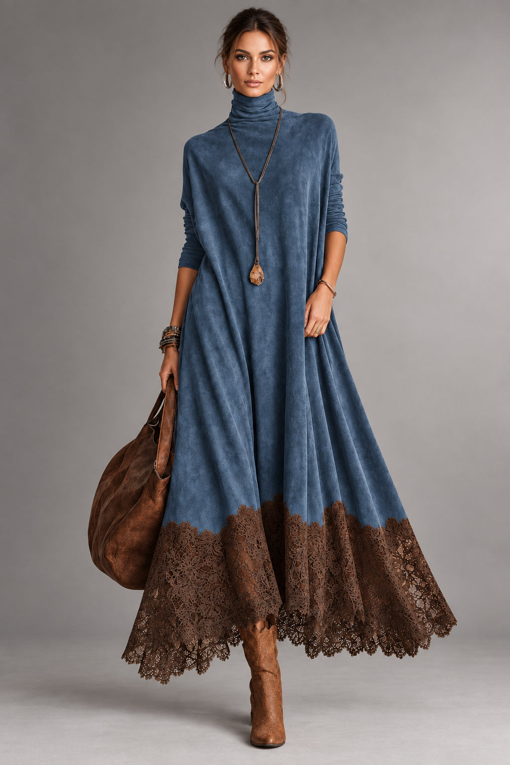 Abril | Vestido largo de antelina con bajo de encaje