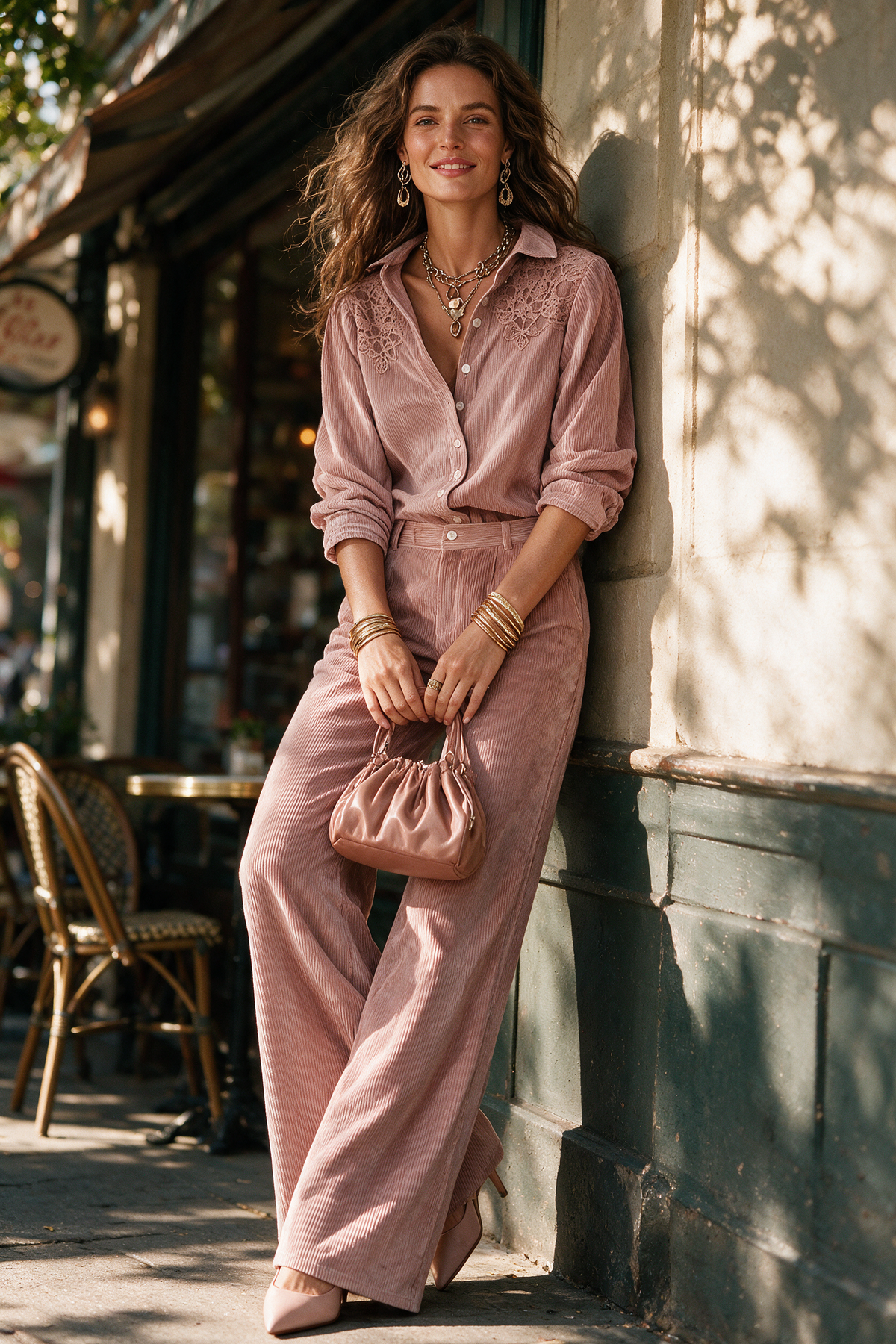 Conjunto boho de camisa de pana con encaje y pantalón ancho
