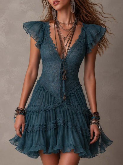 Violeta | Vestido Azul de Encaje y Muselina con Volantes