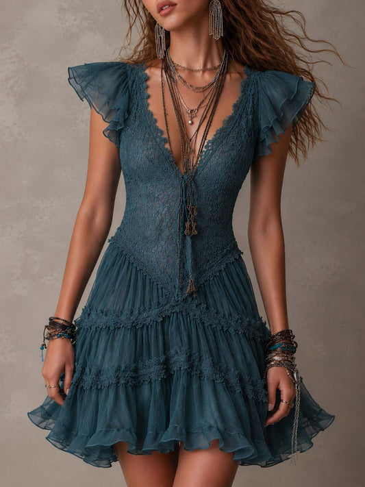 Violeta | Vestido Azul de Encaje y Muselina con Volantes
