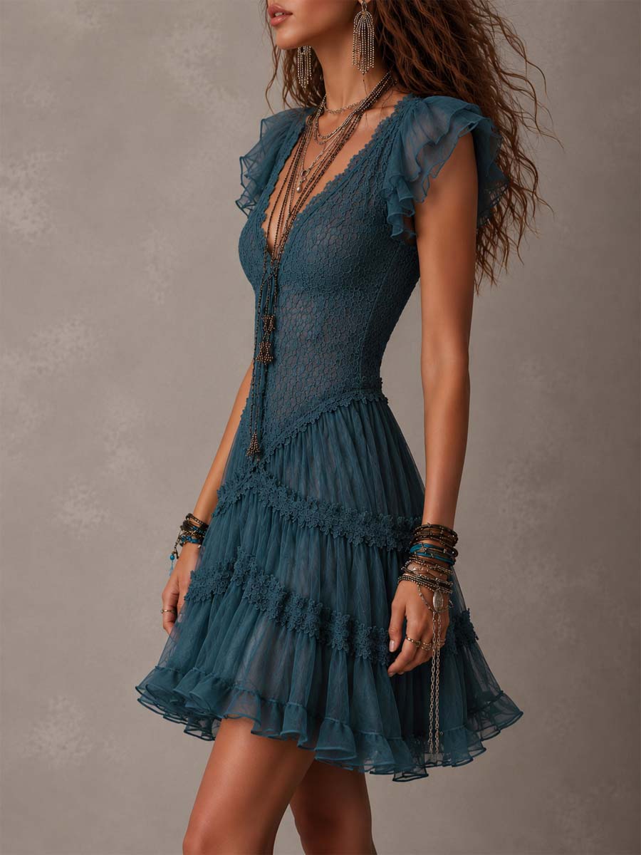 Violeta | Vestido Azul de Encaje y Muselina con Volantes