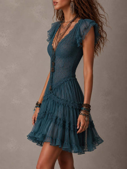 Violeta | Vestido Azul de Encaje y Muselina con Volantes