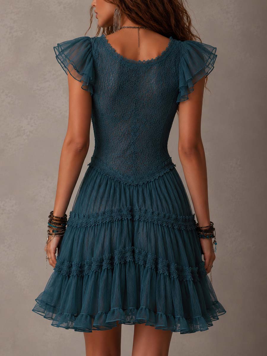 Violeta | Vestido Azul de Encaje y Muselina con Volantes