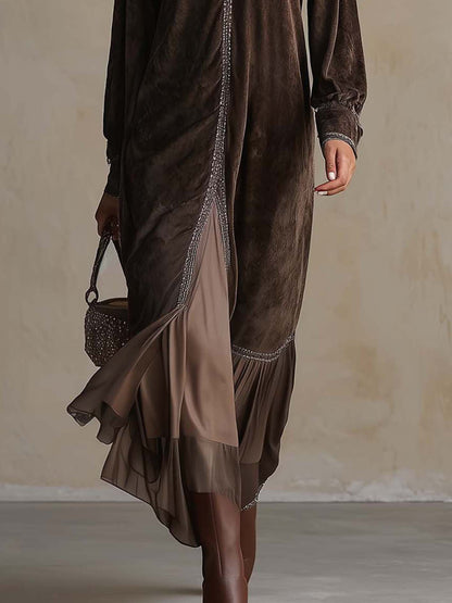 Teresa | Vestido midi holgado de ante sintético con escote en V y detalle de ribete