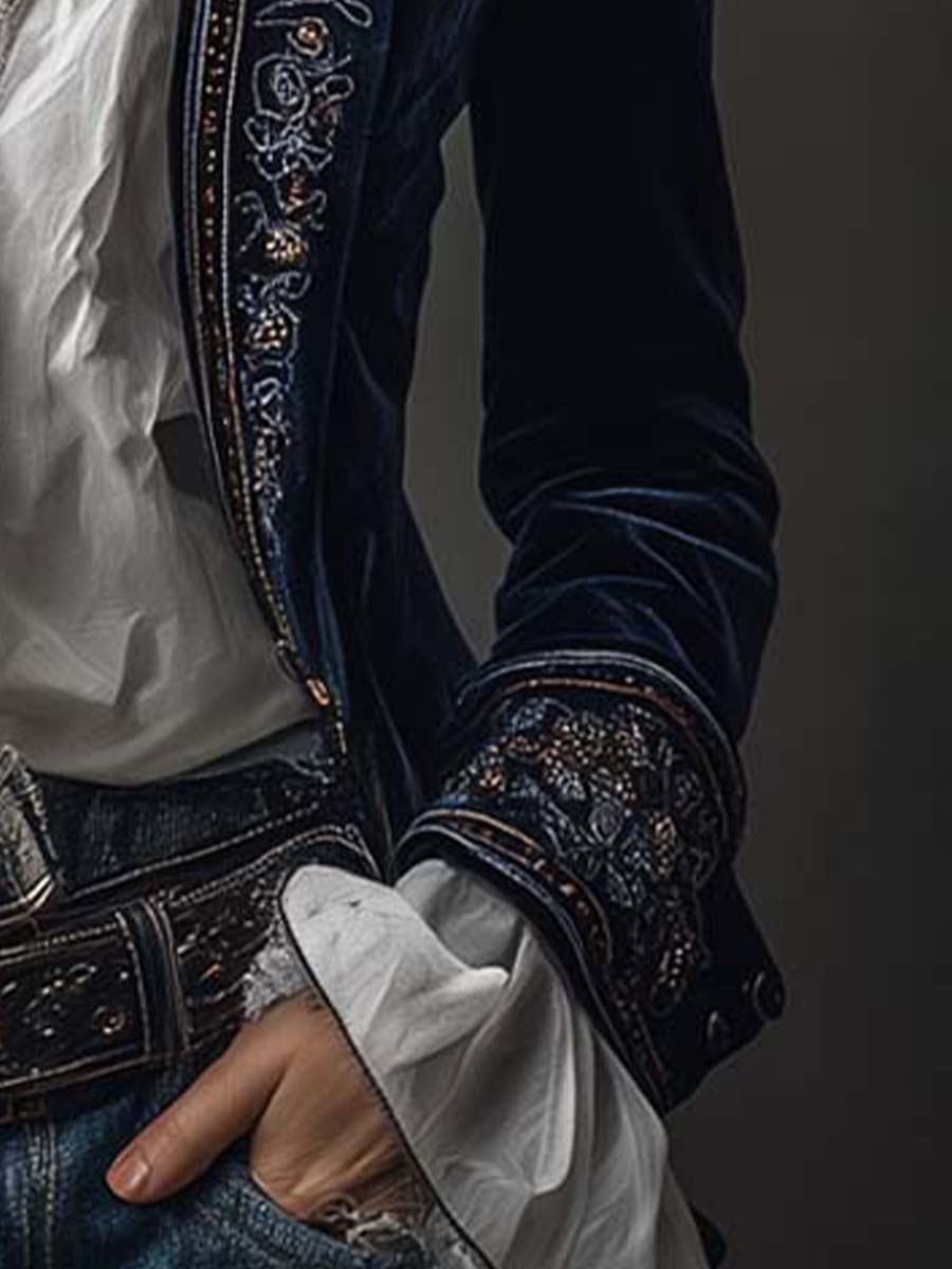 Chaqueta Larga de Mujer Vintage Azul Marino Bordada