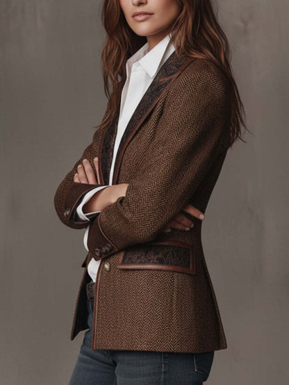 Blazer de Mujer con Diseño en Espiga y Paneles Estampados