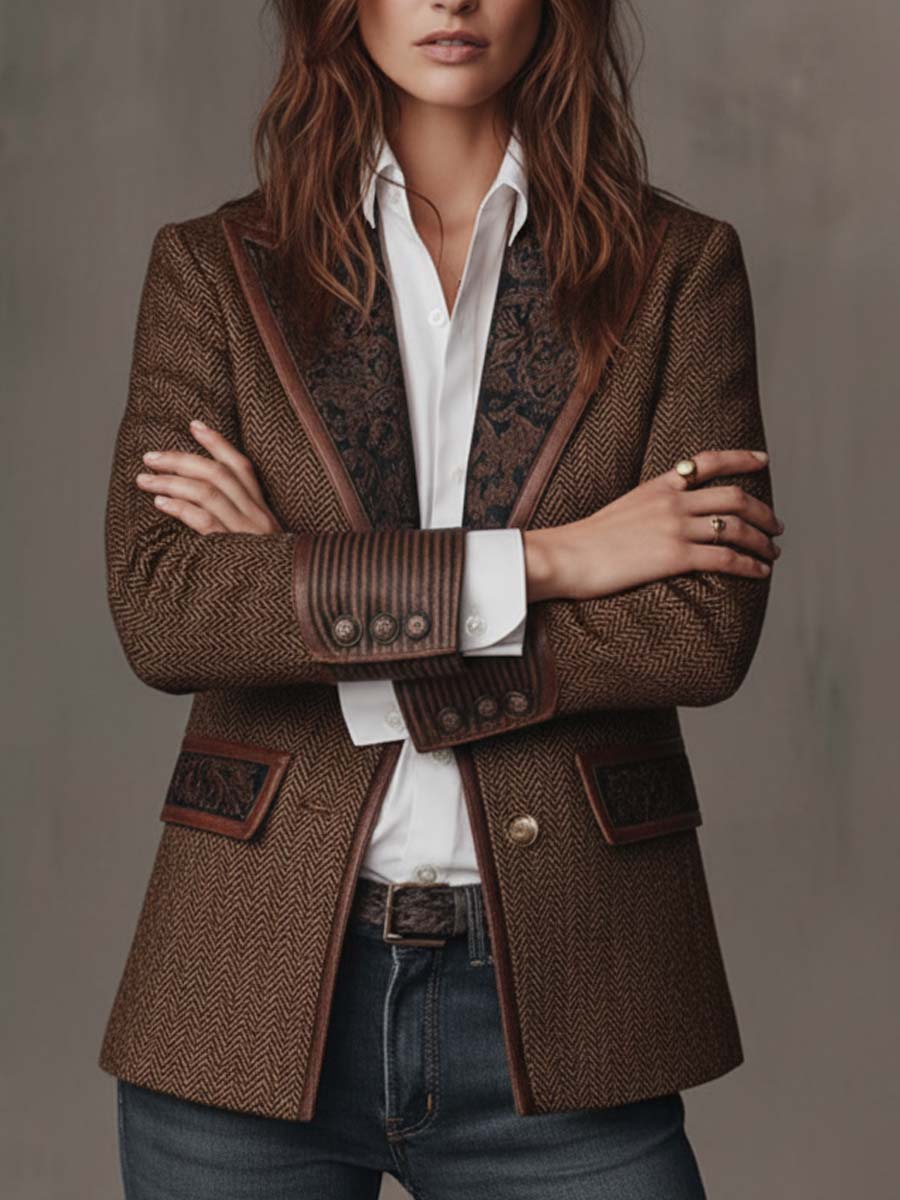 Blazer de Mujer con Diseño en Espiga y Paneles Estampados