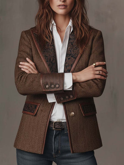 Blazer de Mujer con Diseño en Espiga y Paneles Estampados