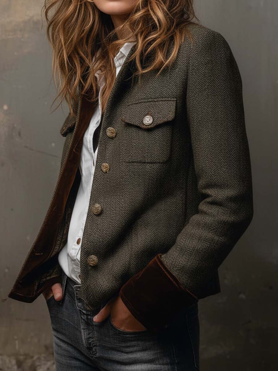 Blazer Vintage de Mujer con Diseño en Espiga y Ribetes en Contraste