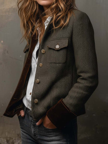 Blazer Vintage de Mujer con Diseño en Espiga y Ribetes en Contraste