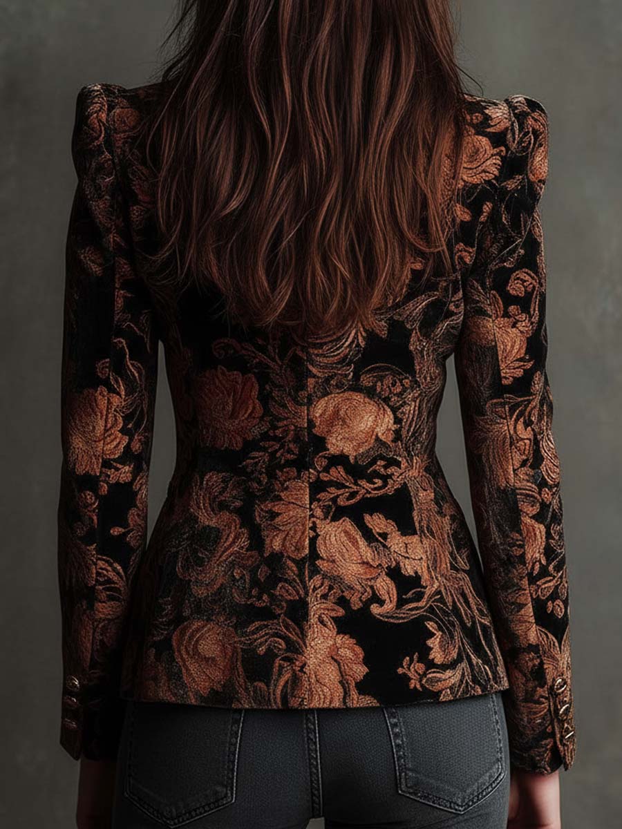 Blazer de Sastrería para Mujer con Estampado Floral en Negro y Bronce