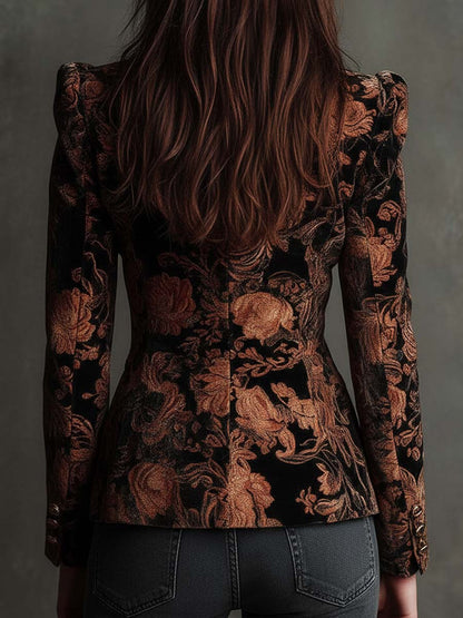Blazer de Sastrería para Mujer con Estampado Floral en Negro y Bronce