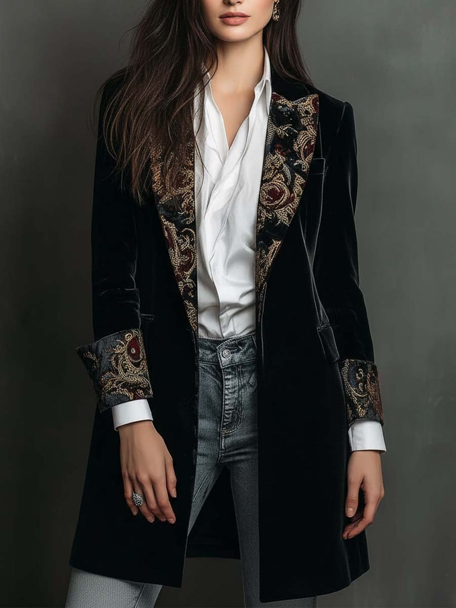 Blazer de Mujer Negro de Corte Ajustado con Solapas y Estampado Barroco