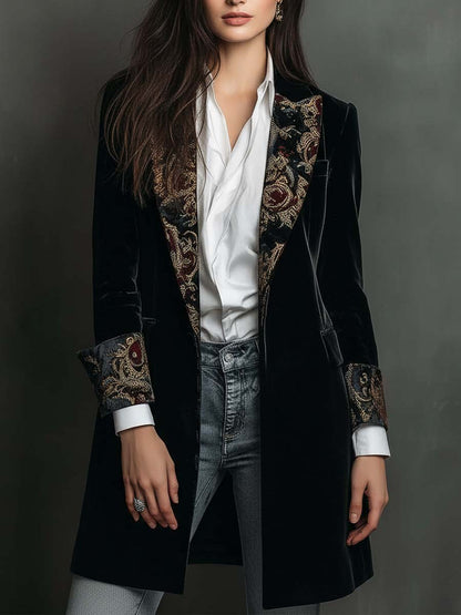 Blazer de Mujer Negro de Corte Ajustado con Solapas y Estampado Barroco