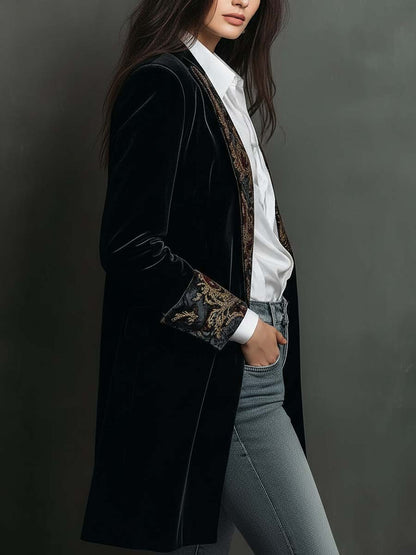 Blazer de Mujer Negro de Corte Ajustado con Solapas y Estampado Barroco