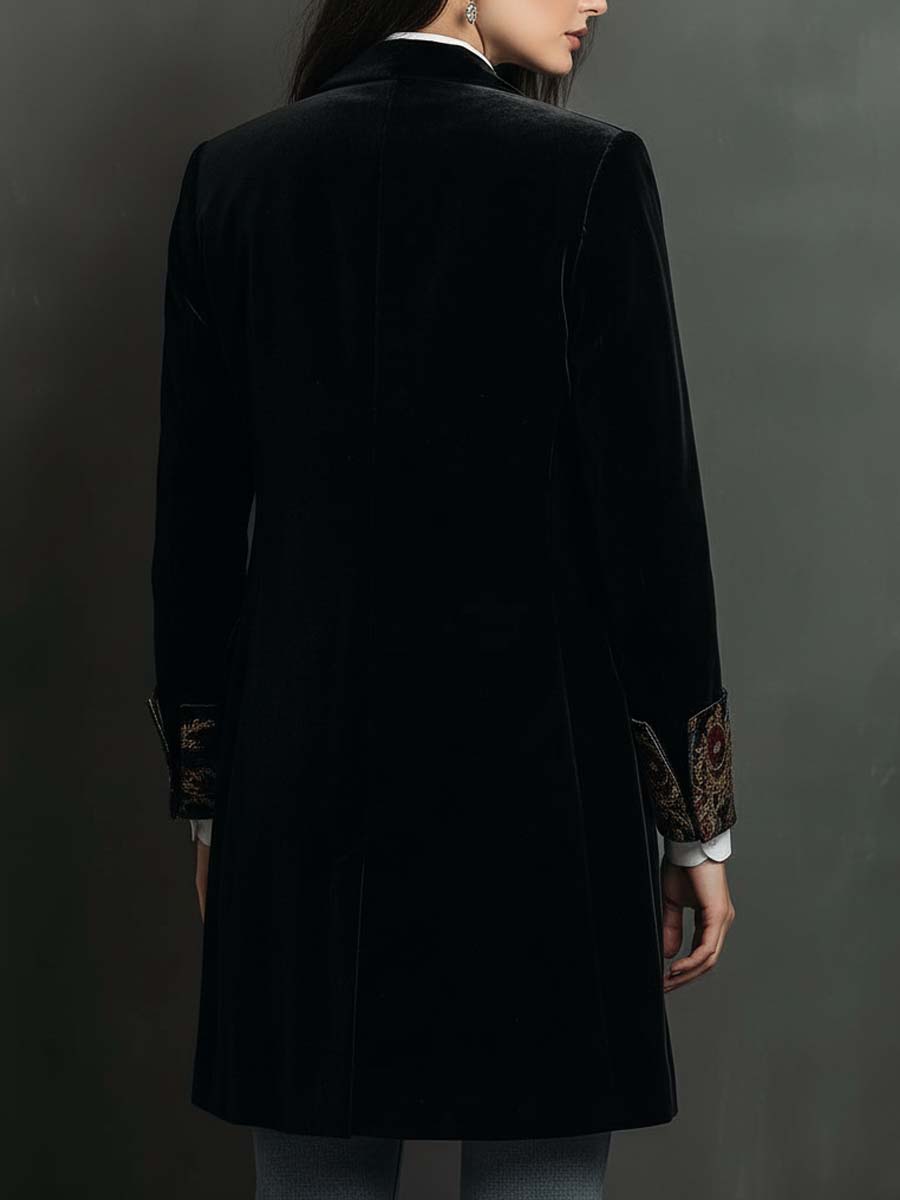 Blazer de Mujer Negro de Corte Ajustado con Solapas y Estampado Barroco