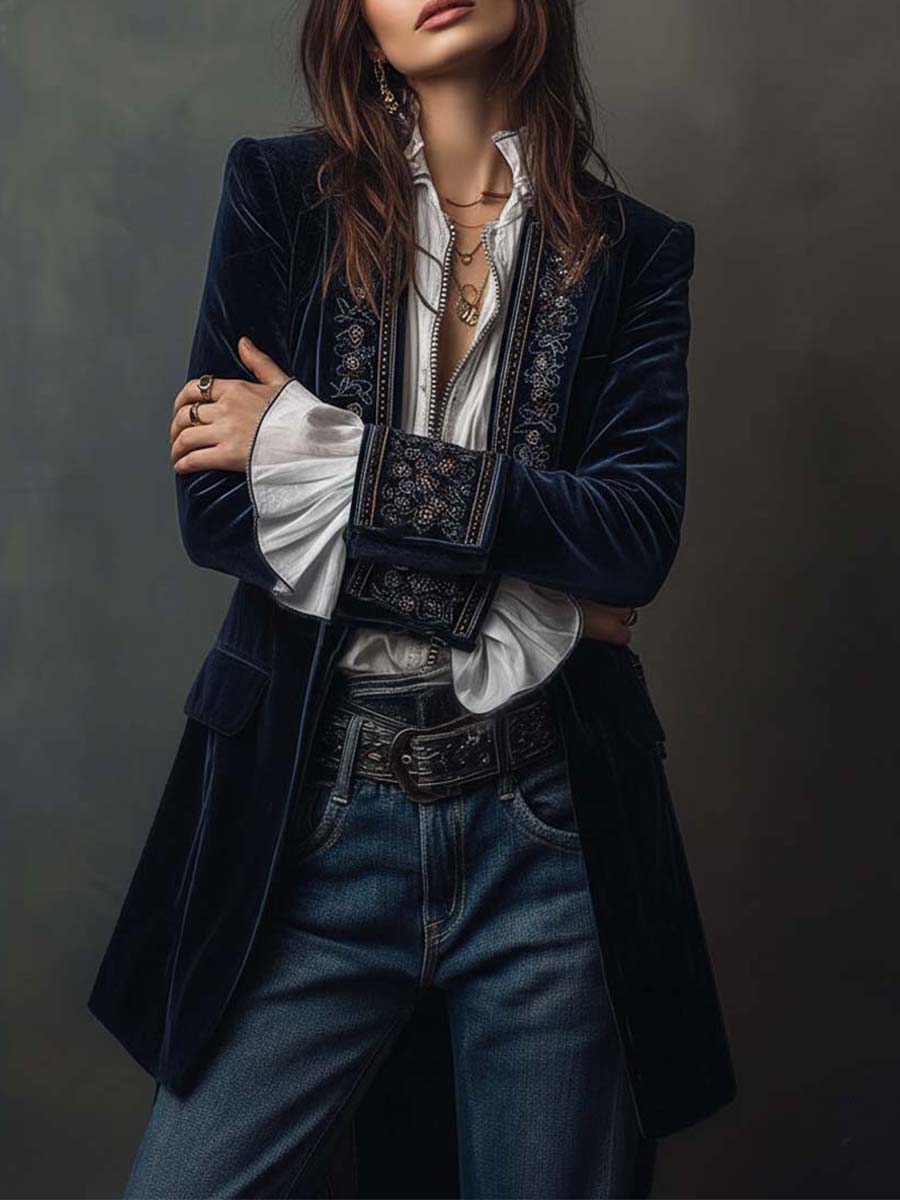 Chaqueta Larga de Mujer Vintage Azul Marino Bordada