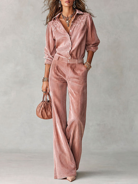 Conjunto boho de camisa de pana con encaje y pantalón ancho
