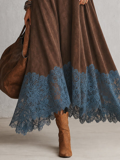Abril | Vestido largo de antelina con bajo de encaje