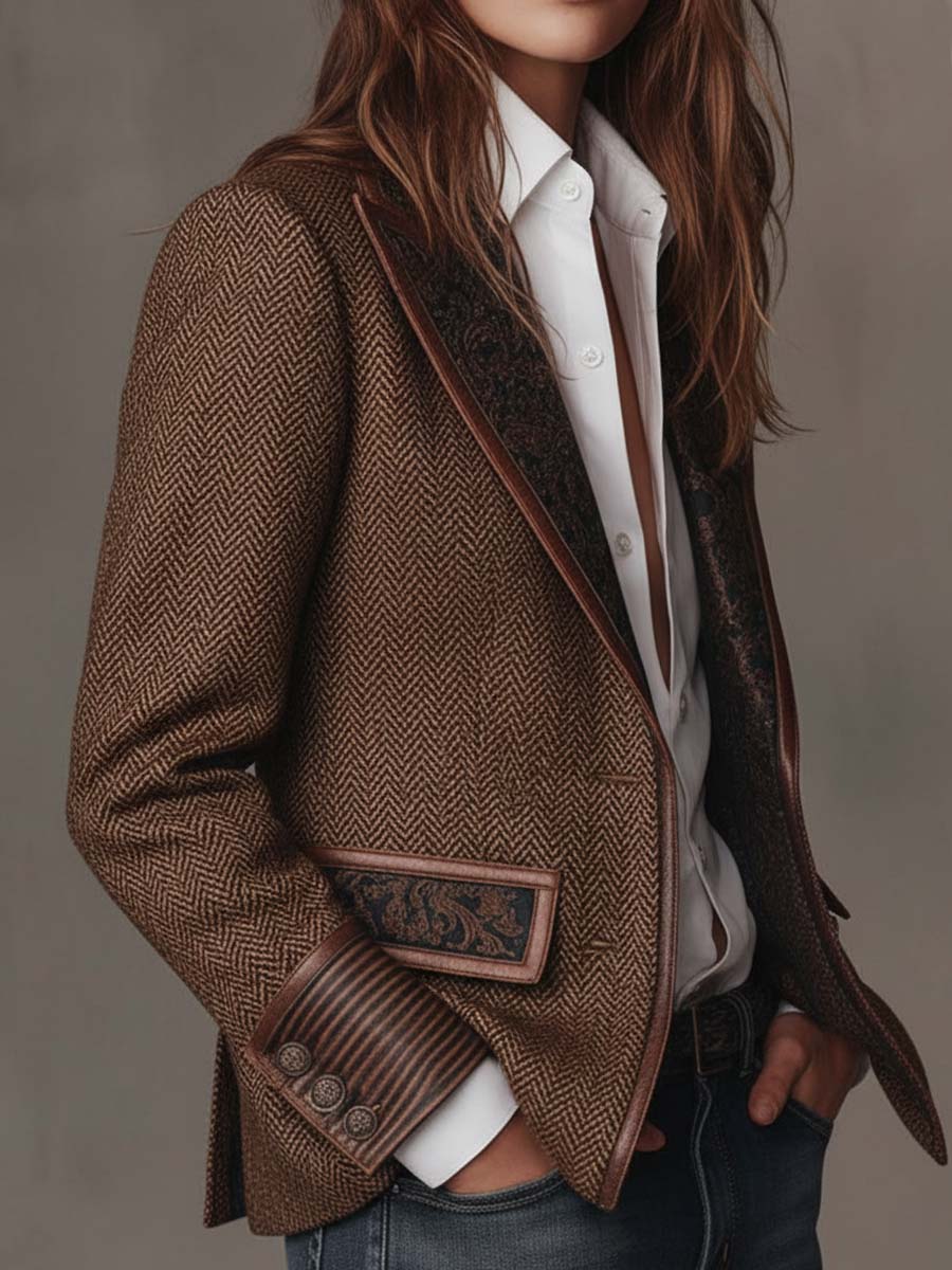 Blazer de Mujer con Diseño en Espiga y Paneles Estampados