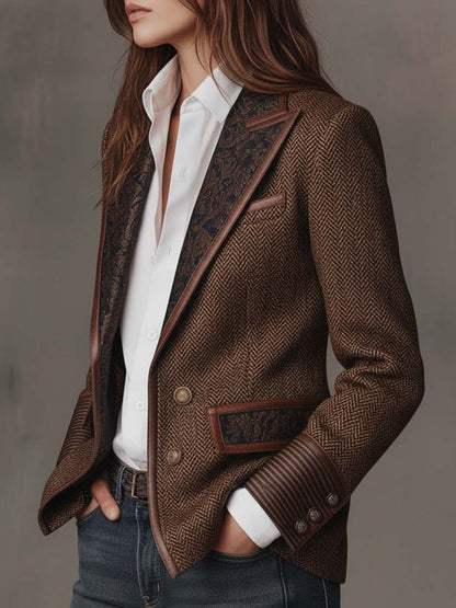 Blazer de Mujer con Diseño en Espiga y Paneles Estampados