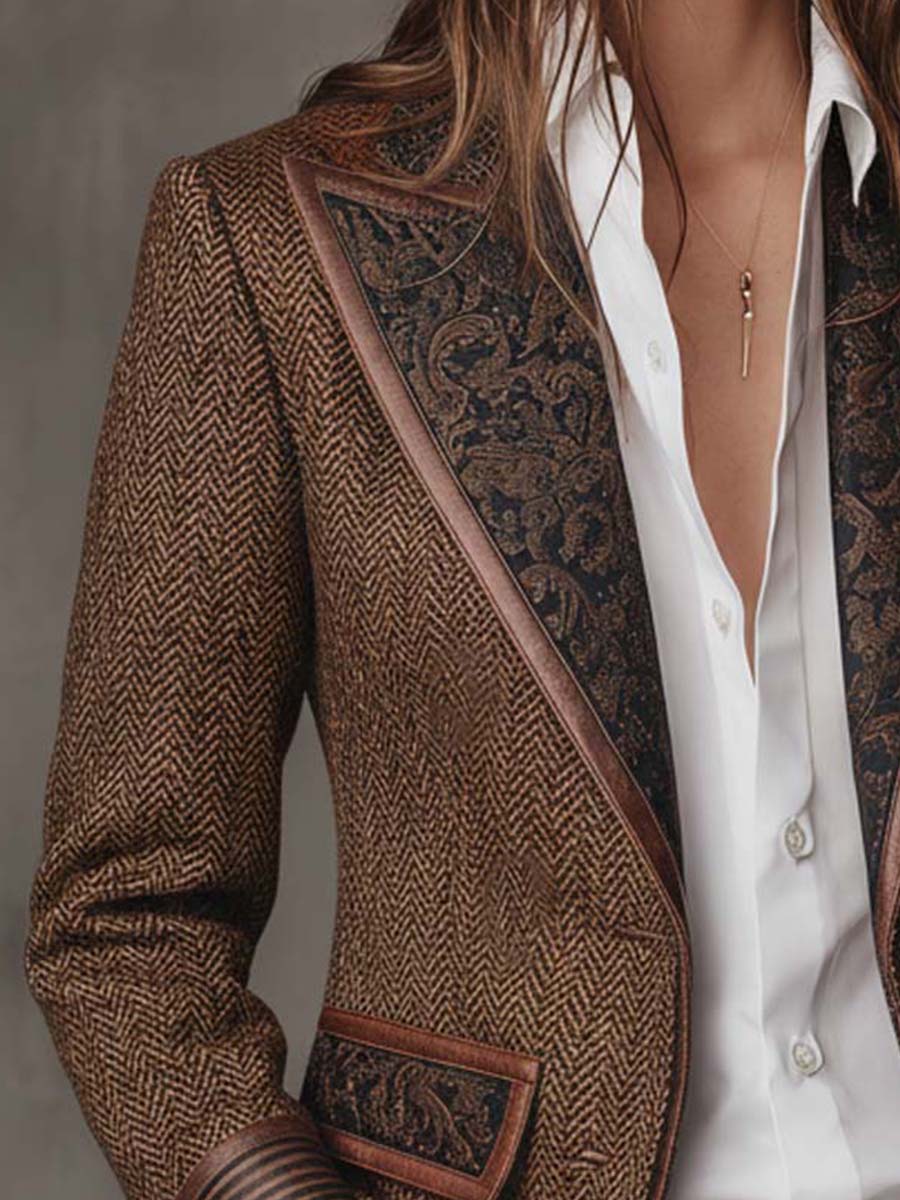 Blazer de Mujer con Diseño en Espiga y Paneles Estampados