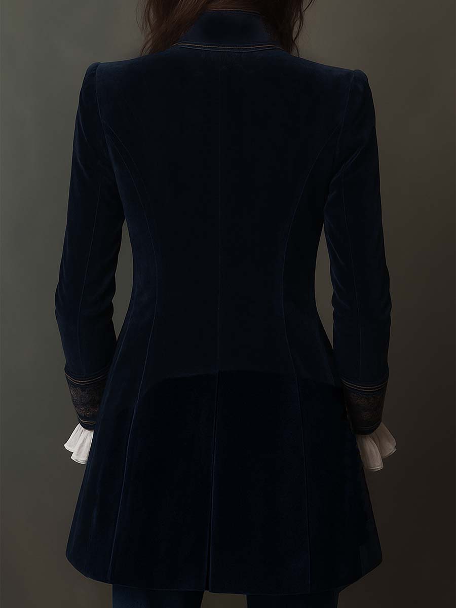 Chaqueta Larga de Mujer Vintage Azul Marino Bordada