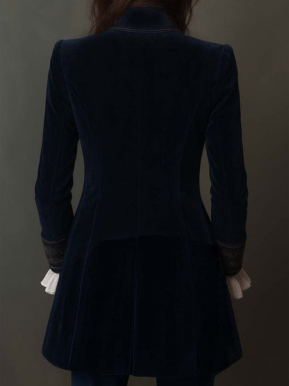 Chaqueta Larga de Mujer Vintage Azul Marino Bordada