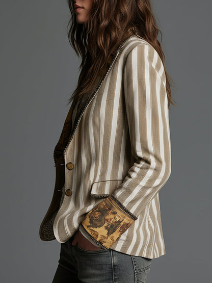Blazer de Mujer con Solapas y Estampado de Rayas de Estilo Bohemio