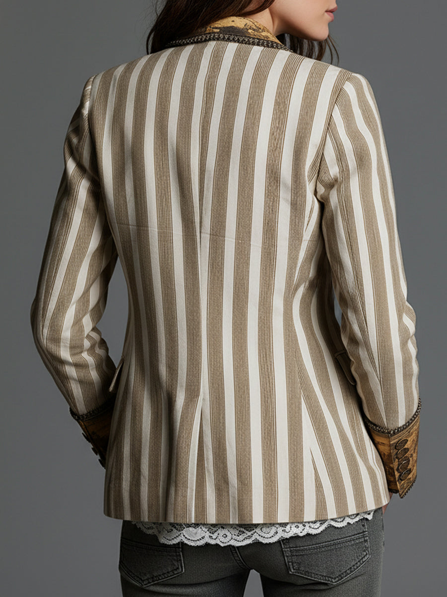 Blazer de Mujer con Solapas y Estampado de Rayas de Estilo Bohemio