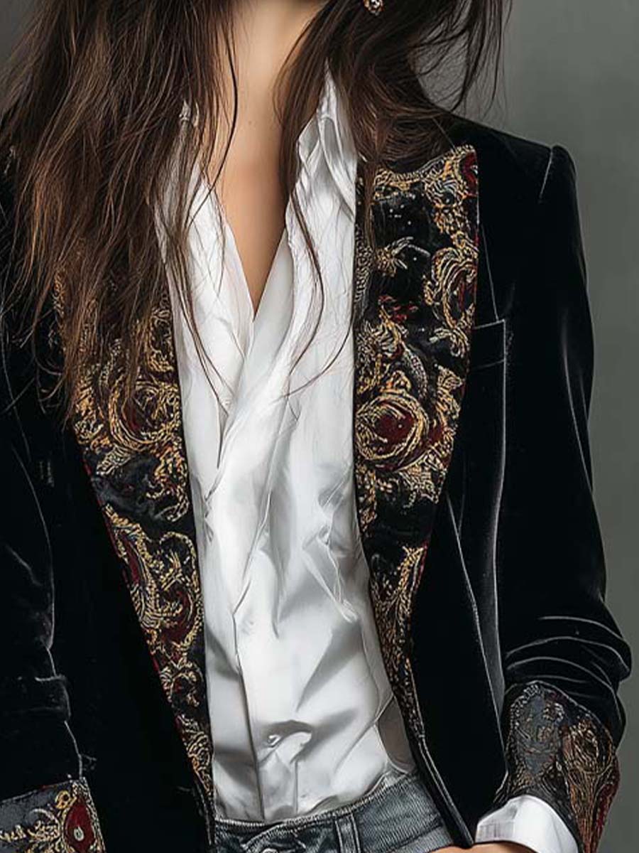 Blazer de Mujer Negro de Corte Ajustado con Solapas y Estampado Barroco