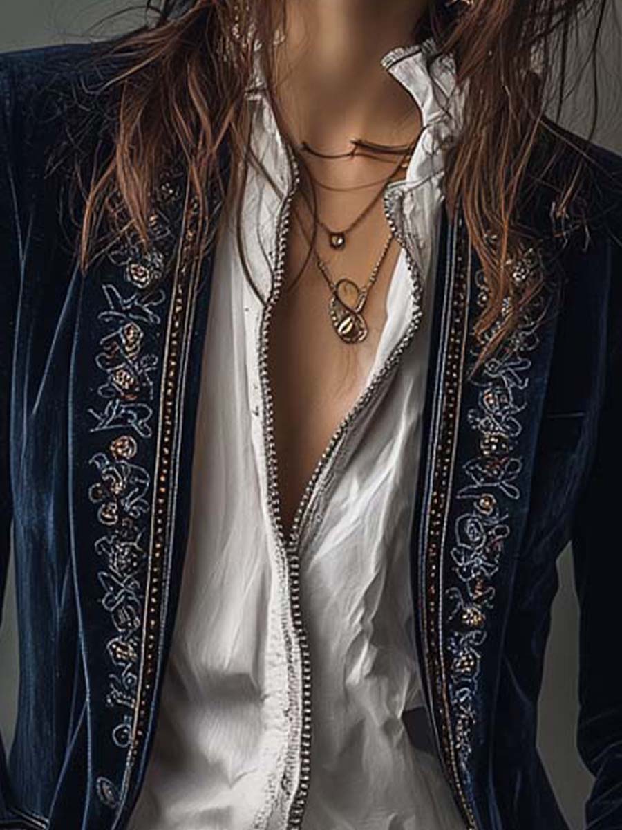 Chaqueta Larga de Mujer Vintage Azul Marino Bordada