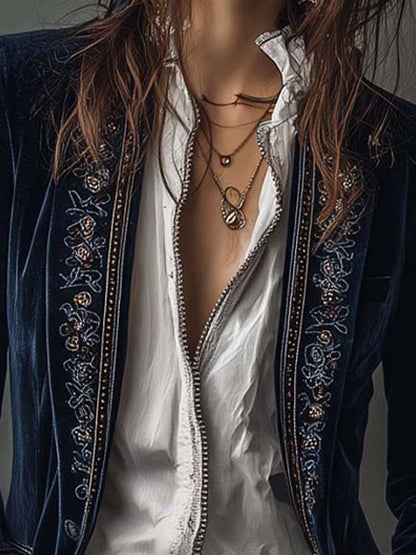 Chaqueta Larga de Mujer Vintage Azul Marino Bordada