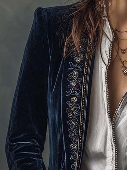 Chaqueta Larga de Mujer Vintage Azul Marino Bordada