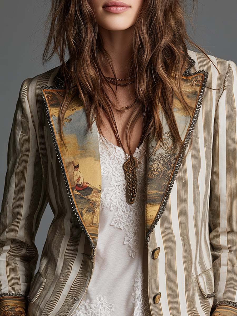 Blazer de Mujer con Solapas y Estampado de Rayas de Estilo Bohemio