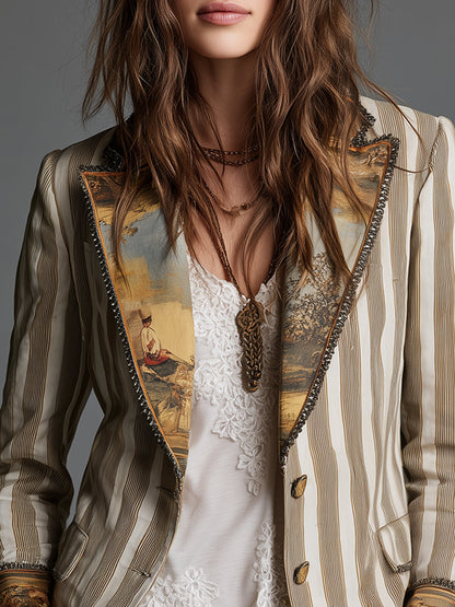 Blazer de Mujer con Solapas y Estampado de Rayas de Estilo Bohemio