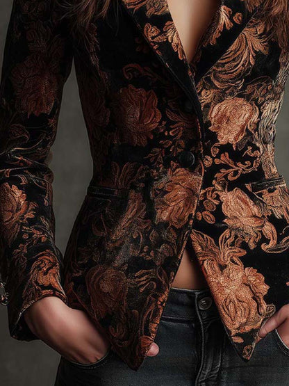Blazer de Sastrería para Mujer con Estampado Floral en Negro y Bronce