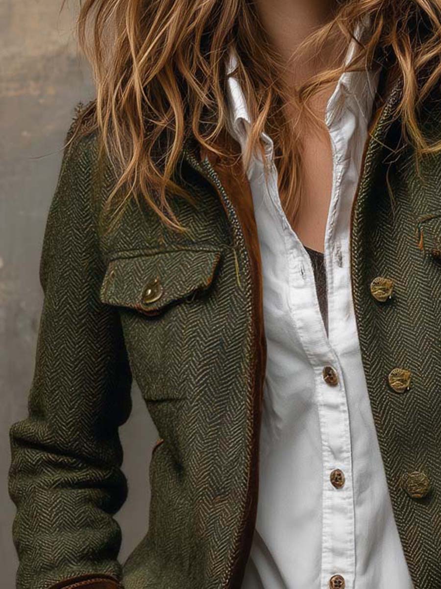 Blazer Vintage de Mujer con Diseño en Espiga y Ribetes en Contraste