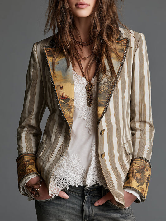 Blazer de Mujer con Solapas y Estampado de Rayas de Estilo Bohemio