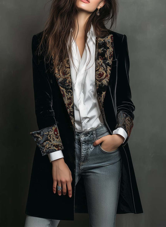 Blazer de Mujer Negro de Corte Ajustado con Solapas y Estampado Barroco