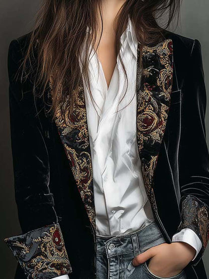Blazer de Mujer Negro de Corte Ajustado con Solapas y Estampado Barroco
