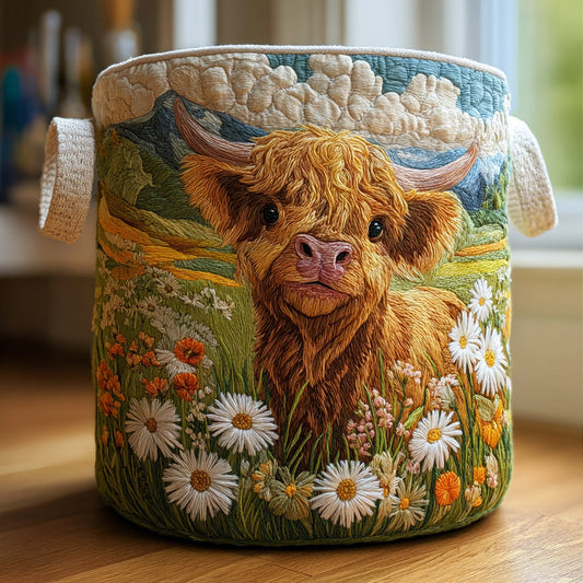 Cesto acolchado con vaca Highland rodeada de flores