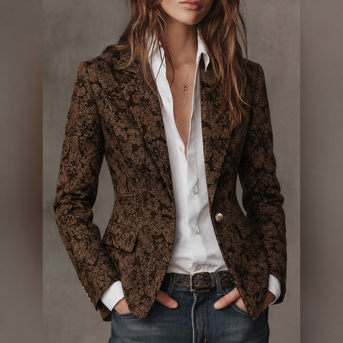 Blazer Ajustado de Mujer en Jacquard con Estampado de Paisley