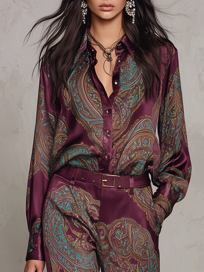 Cloe | Conjunto de Camisa Satinada Estampada y Pantalón Ancho