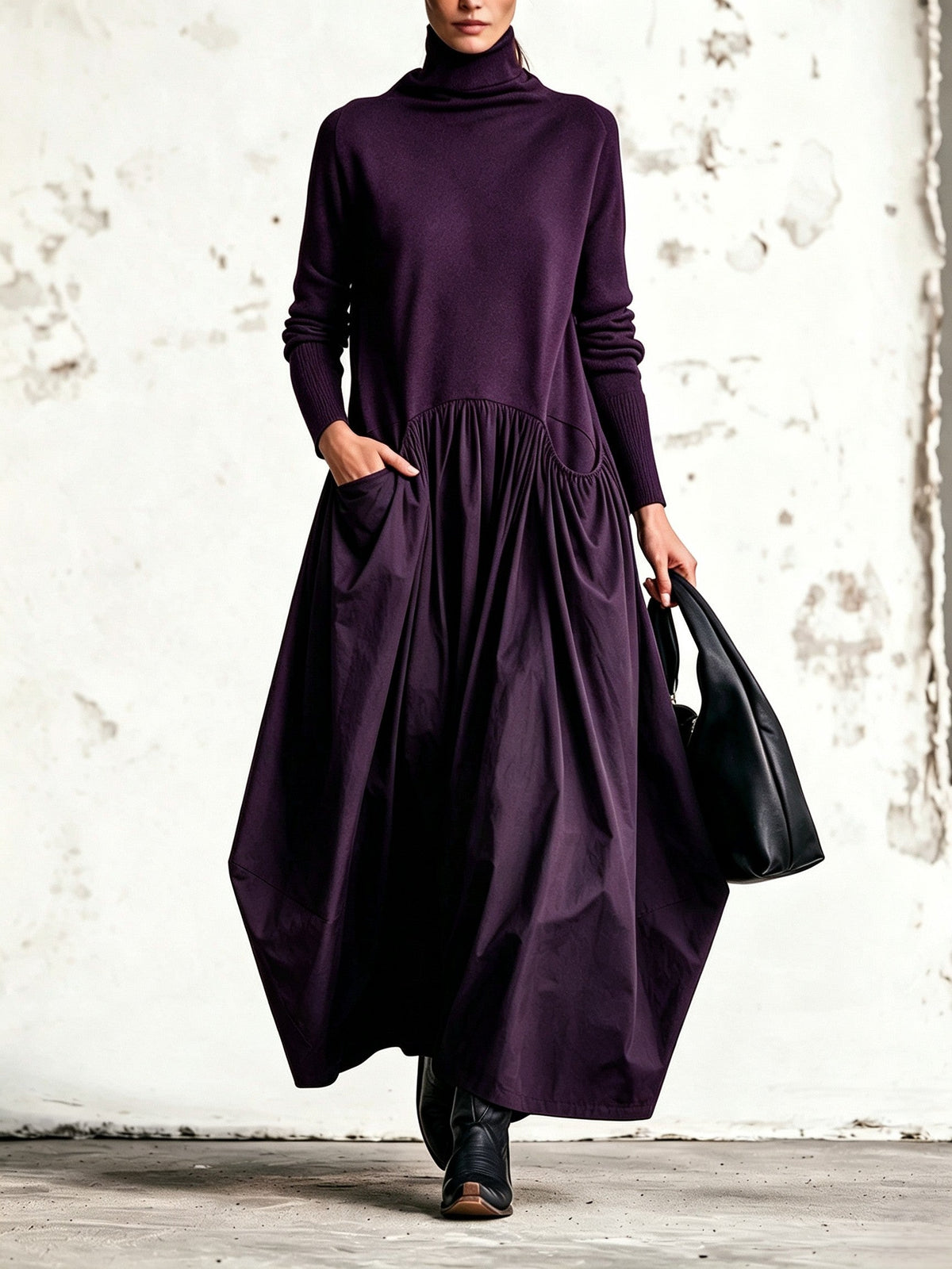 Ana | Vestido maxi oversize negro con cuello alto y bolsillos