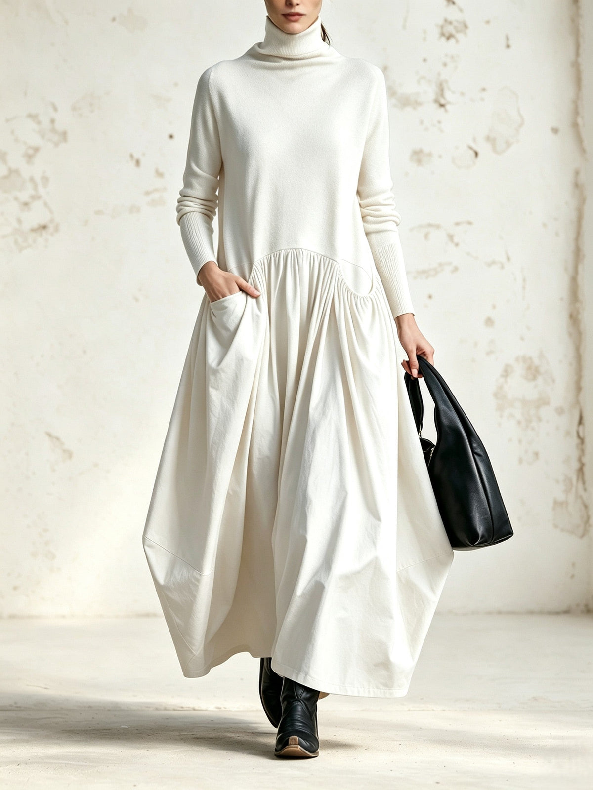 Ana | Vestido maxi oversize negro con cuello alto y bolsillos