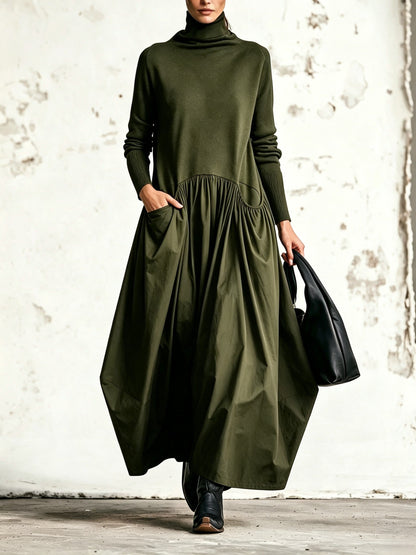Ana | Vestido maxi oversize negro con cuello alto y bolsillos