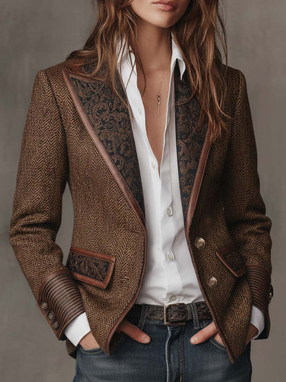 Blazer de Mujer con Diseño en Espiga y Paneles Estampados