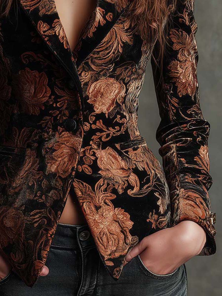 Blazer de Sastrería para Mujer con Estampado Floral en Negro y Bronce