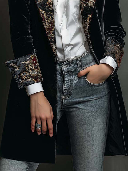 Blazer de Mujer Negro de Corte Ajustado con Solapas y Estampado Barroco